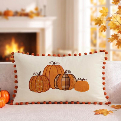 Amorly 30X50Cm Embroidered Pumpkin Pillow Cover With Orange Pompoms, Farmhouse Autumn Cushion Cover, Indoor Outdoor Home Decor - image 1