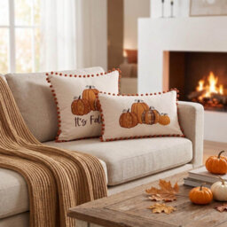 Amorly 30X50Cm Embroidered Pumpkin Pillow Cover With Orange Pompoms, Farmhouse Autumn Cushion Cover, Indoor Outdoor Home Decor - thumbnail 7