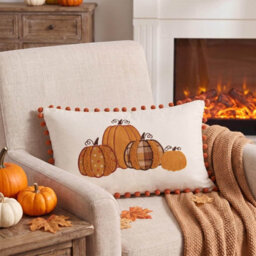 Amorly 30X50Cm Embroidered Pumpkin Pillow Cover With Orange Pompoms, Farmhouse Autumn Cushion Cover, Indoor Outdoor Home Decor - thumbnail 6