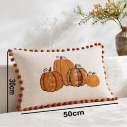 Amorly 30X50Cm Embroidered Pumpkin Pillow Cover With Orange Pompoms, Farmhouse Autumn Cushion Cover, Indoor Outdoor Home Decor - thumbnail 5