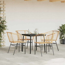 Berkfield 5 Piece Garden Dining Set Brown Poly Rattan Glass - thumbnail 3