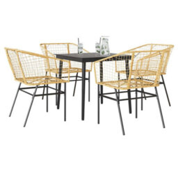 Berkfield 5 Piece Garden Dining Set Brown Poly Rattan Glass