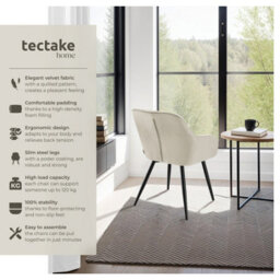 Tectake 1 Chair Marilyn - Velvet Look, Quilted, Continuous Backrest, Slim Steel Legs  - Cream/black - thumbnail 2