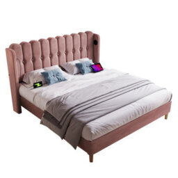 Btm Pink Velvet Double Bed Frame With Usb Charging Upholstered 4Ft6 Bed For Bedroom Or Guest Room - thumbnail 6