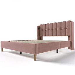 Btm Pink Velvet Double Bed Frame With Usb Charging Upholstered 4Ft6 Bed For Bedroom Or Guest Room - thumbnail 8