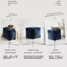 Kosi Atelier Kosiatelier Bean Bag Velvet Footstool Ottomona Cube Pouf Chair Pouffe, Polystyrene Beads Filled - Navy Blue, 35Cm X 35Cm X 35Cm - thumbnail 5