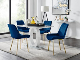 Furniturebox Giovani Rectangular 4 Seat White High Gloss Unique Halo Base Dining Table Grey Glass Top 4 Navy Velvet Gold Leg Pesaro Chairs