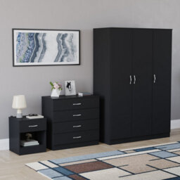 Lassic Vida Designs Riano 3 Piece Bedroom Set (1 Drawer Bedside Chest, 4 Drawer Chest, 3 Door Wardrobe), Black - thumbnail 6