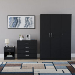 Lassic Vida Designs Riano 3 Piece Bedroom Set (1 Drawer Bedside Chest, 4 Drawer Chest, 3 Door Wardrobe), Black - thumbnail 7