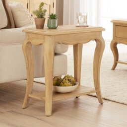 The Furniture Market French Chateau Oak Side Table Solid Sofa Hand-Carved Cabriole Legs Classic French Style Natural Whitewashed Finish - thumbnail 1
