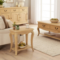 The Furniture Market French Chateau Oak Side Table Solid Sofa Hand-Carved Cabriole Legs Classic French Style Natural Whitewashed Finish - thumbnail 3