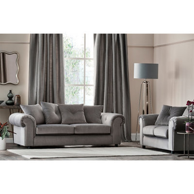 Furnishings For Less UK Derby Fabric Grey Sofa 3 Seater, 2 Seater Scatter Back, Scroll Arms - image 1