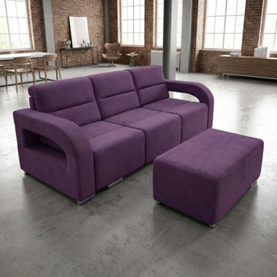 Aliss Sofa Bed With Pouffe Foam Filling Wave Springs Plastic Legs Wood Frame Loose Cushions 235X110X95 Purple - image 1