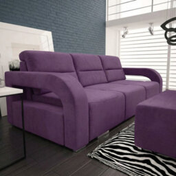 Aliss Sofa Bed With Pouffe Foam Filling Wave Springs Plastic Legs Wood Frame Loose Cushions 235X110X95 Purple - thumbnail 3
