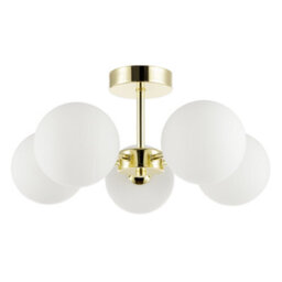 Happy Homewares Chic Polished Gold 5-Arm Ceiling Light With White Globe Glass Shades
