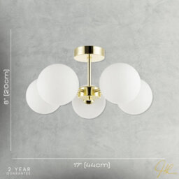 Happy Homewares Chic Polished Gold 5-Arm Ceiling Light With White Globe Glass Shades - thumbnail 7