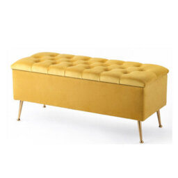 137Cm Amara Chesterfield Ottoman Storage Bench With Legs, Mustard Gold Plush Velvet Upholstered End Of Bed Shoe Footstool Seat