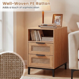 Gainoom Brown Bedside Table Narrow End Table With Charging Station Rattan Nightstand With Open Cubby & Back Storage - thumbnail 9