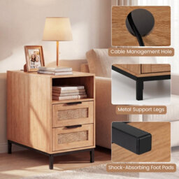 Gainoom Brown Bedside Table Narrow End Table With Charging Station Rattan Nightstand With Open Cubby & Back Storage - thumbnail 8