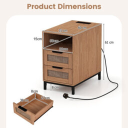 Gainoom Brown Bedside Table Narrow End Table With Charging Station Rattan Nightstand With Open Cubby & Back Storage - thumbnail 2
