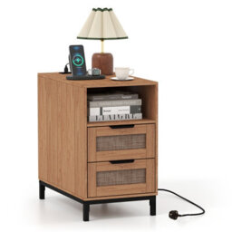 Gainoom Brown Bedside Table Narrow End Table With Charging Station Rattan Nightstand With Open Cubby & Back Storage