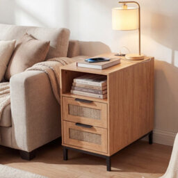 Gainoom Brown Bedside Table Narrow End Table With Charging Station Rattan Nightstand With Open Cubby & Back Storage - thumbnail 3