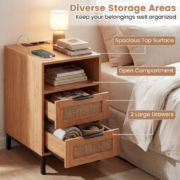 Gainoom Brown Bedside Table Narrow End Table With Charging Station Rattan Nightstand With Open Cubby & Back Storage - thumbnail 6