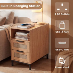 Gainoom Brown Bedside Table Narrow End Table With Charging Station Rattan Nightstand With Open Cubby & Back Storage - thumbnail 5