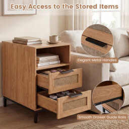 Gainoom Brown Bedside Table Narrow End Table With Charging Station Rattan Nightstand With Open Cubby & Back Storage - thumbnail 7