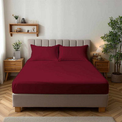 Microfibre Soft Touch Fitted Sheet 25Cm Skirt Plain Dyed Bed Linen Red - image 1
