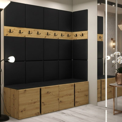 Orion Ii Hallway Set Artisan Oak Shoe Cabinet Hangers Black Eco Leather Panels - image 1