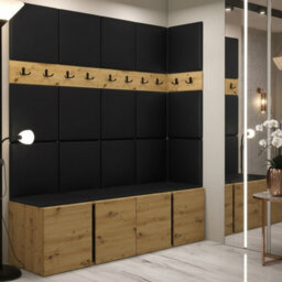 Orion Ii Hallway Set Artisan Oak Shoe Cabinet Hangers Black Eco Leather Panels