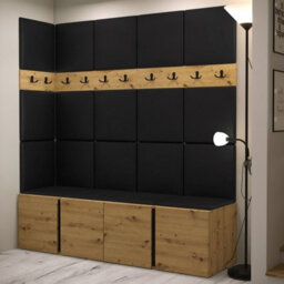 Orion Ii Hallway Set Artisan Oak Shoe Cabinet Hangers Black Eco Leather Panels - thumbnail 2