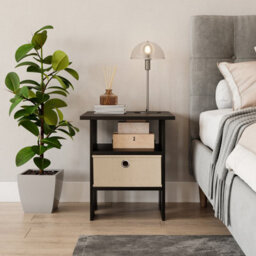 Urbn-Living Urbnliving 40Cm Height 2 Tier Black Wooden Table Bedside Nightstand 1 Beige Drawer - thumbnail 2