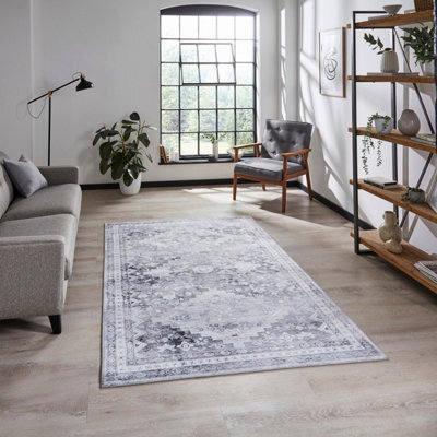 Grey Traditional Persian Bordered Geometric Rug For Dining Room Bed Room And Living Room-150Cm X 230Cm - image 1