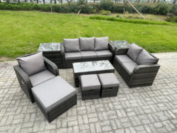 Fimous High Back Rattan Garden Furniture Set With Coffee Table 2 Side Tables 3 Footstools Indoor Outdoor Patio Lounge Sofa Set - thumbnail 2