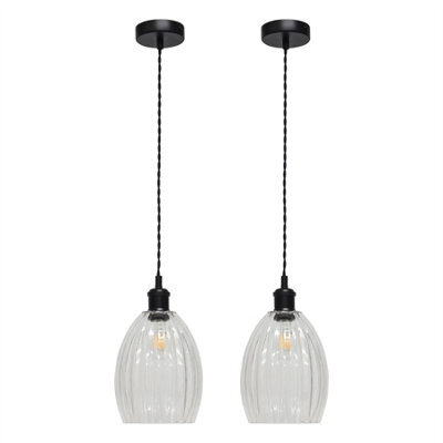 First Choice Lighting Set Of 2 Birch - Clear Fluted Glass Black Retro Pendant Fittings - image 1