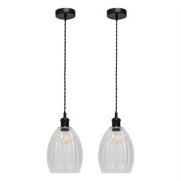 First Choice Lighting Set Of 2 Birch - Clear Fluted Glass Black Retro Pendant Fittings - thumbnail 1