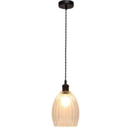 First Choice Lighting Set Of 2 Birch - Clear Fluted Glass Black Retro Pendant Fittings - thumbnail 3