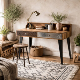 Wyld Haus Kokkola Quirky 2-Drawer Office Desk, Reclaimed Wood, 1200X600X900mm - thumbnail 1