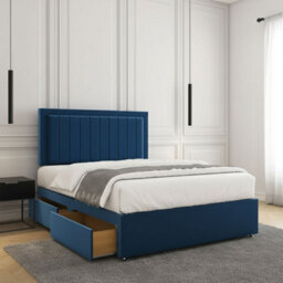 REGIONAL FURNISHINGS Blue Plush Velvet Divan Bed Set Upholstered 24Inch Headboard & 2Drawers Sameside & Mattress In 3Ft 4Ft 4Ft6 5Ft 6Ft Sizes - thumbnail 1