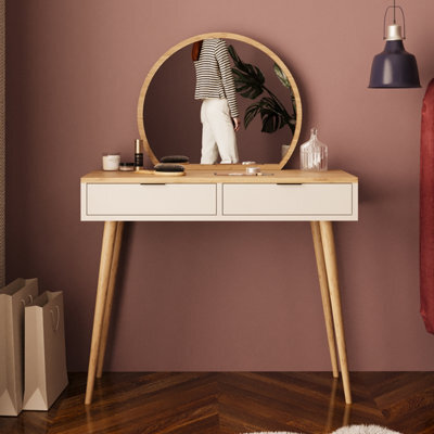 Compact Vanity Dressing Table With Round Fixed Mirror, 2 Drawer Makeup Desk With Wooden Legs (Lucy, Oak&light Grey) - image 1