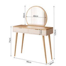 Compact Vanity Dressing Table With Round Fixed Mirror, 2 Drawer Makeup Desk With Wooden Legs (Lucy, Oak&light Grey) - thumbnail 3
