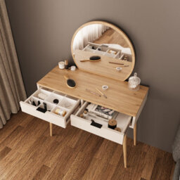 Compact Vanity Dressing Table With Round Fixed Mirror, 2 Drawer Makeup Desk With Wooden Legs (Lucy, Oak&light Grey) - thumbnail 2