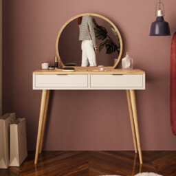 Compact Vanity Dressing Table With Round Fixed Mirror, 2 Drawer Makeup Desk With Wooden Legs (Lucy, Oak&light Grey)
