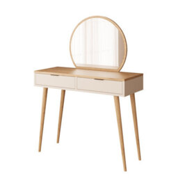 Compact Vanity Dressing Table With Round Fixed Mirror, 2 Drawer Makeup Desk With Wooden Legs (Lucy, Oak&light Grey) - thumbnail 4