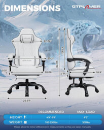 Gtplayer Gaming Chair, Ergonomic Computer Chair With Footrest And Lumbar Support Height Adjustable, White - thumbnail 2