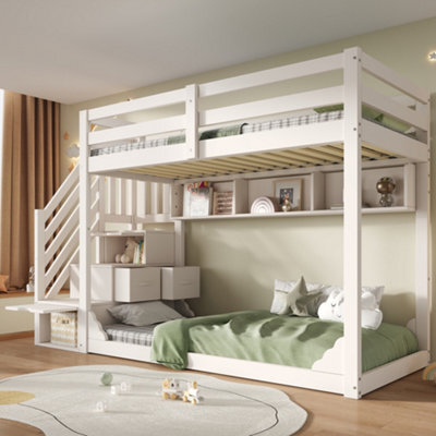 Btm Bunk Bed 90 Plus 90 X 190 Cm With Storage Stairs 3 Shelves Safety Rail Solid Wood Kids Bed White No Mattress - image 1