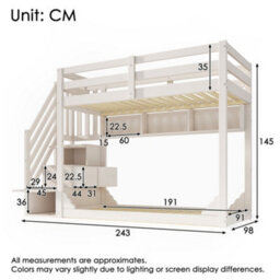 Btm Bunk Bed 90 Plus 90 X 190 Cm With Storage Stairs 3 Shelves Safety Rail Solid Wood Kids Bed White No Mattress - thumbnail 2