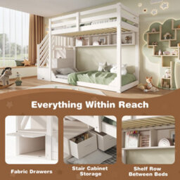 Btm Bunk Bed 90 Plus 90 X 190 Cm With Storage Stairs 3 Shelves Safety Rail Solid Wood Kids Bed White No Mattress - thumbnail 3